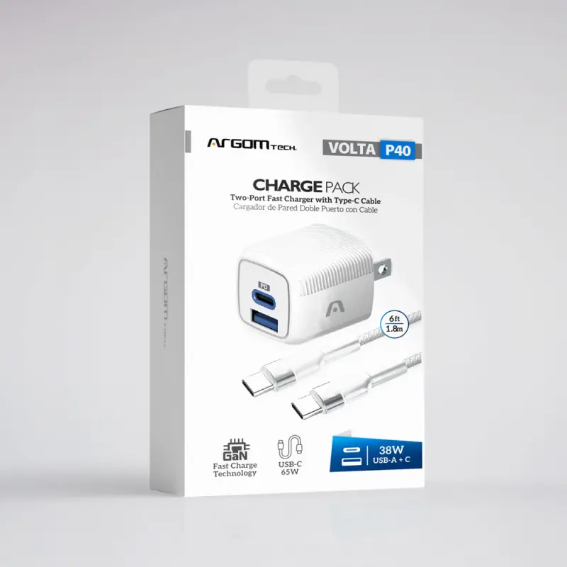 CARGADOR RÁPIDO VOLTA P40 DE DOS PUERTOS CON CABLE USB TIPO C ARGAC0155WT